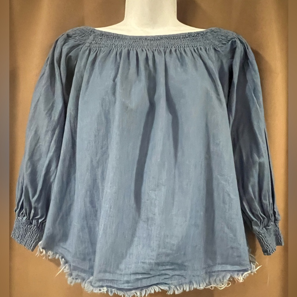 Chambray Off the Shoulder Long Sleeve with Raw Hem